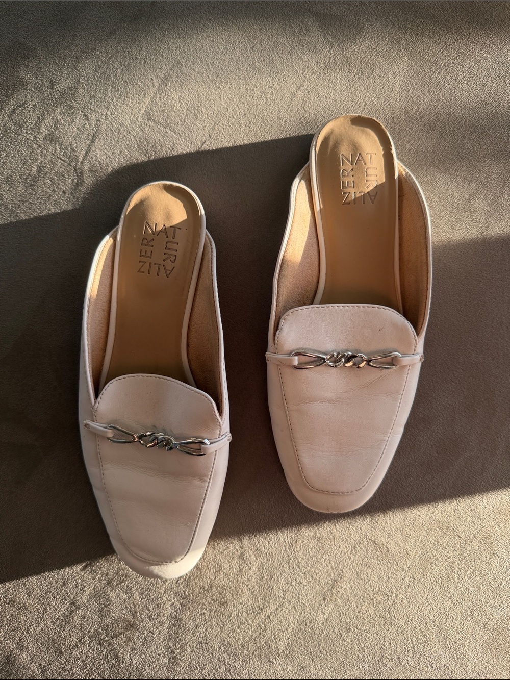 Naturalizer Cream Leather Slip-On Mules with Silver Chain Accent